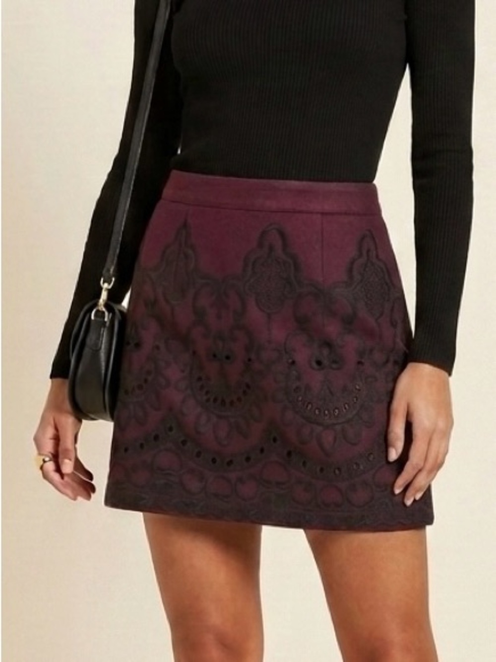 Topshop Embroidered A-Line Mini Skirt Wool  Burgundy Size 6